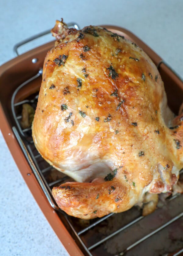 Easy Keto Roasted Turkey after first hour of roasting upside down