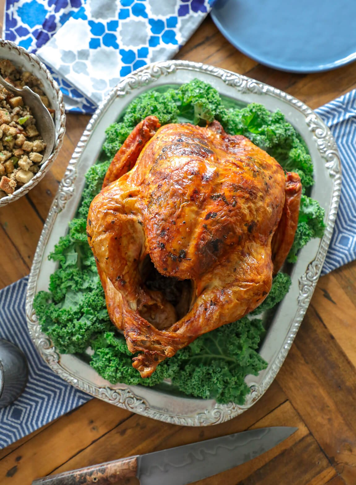 Easy Keto Roasted Turkey on a silver platter