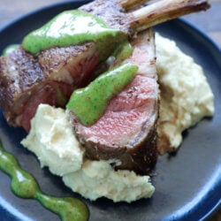 keto rack of lamb on a blue plate