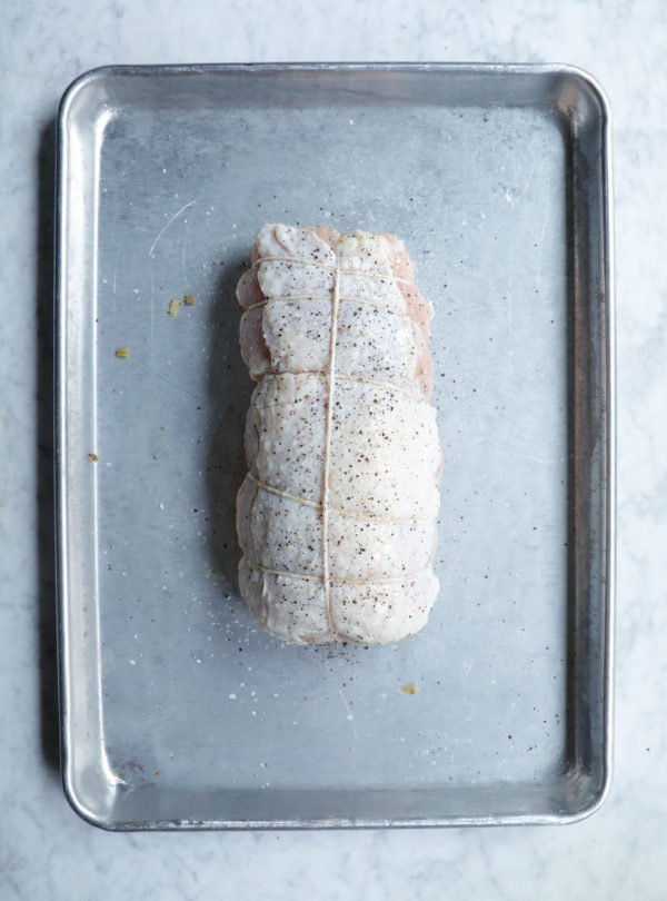 Tied and seasoned turkey roulade, ready to go into the oven