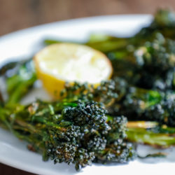 close up photo of broccolini texture after cooking in the air fryer