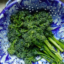 raw broccolini in a blue and white colander