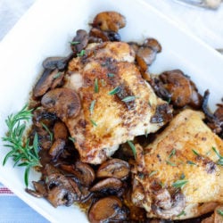 Keto Chicken and Mushrooms on a white platter