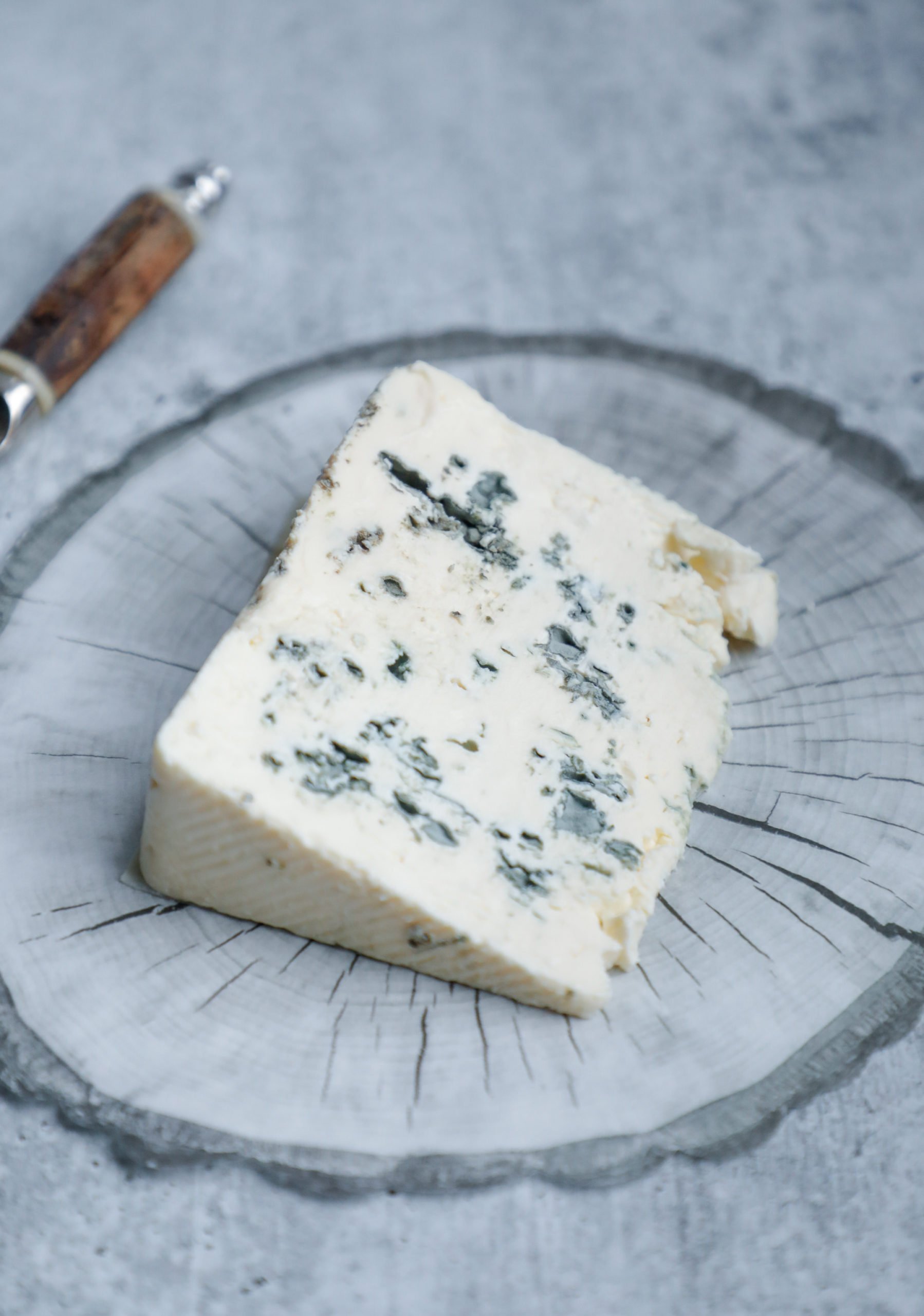 A slice of gorgonzola laying on its side showing the veining and texture 