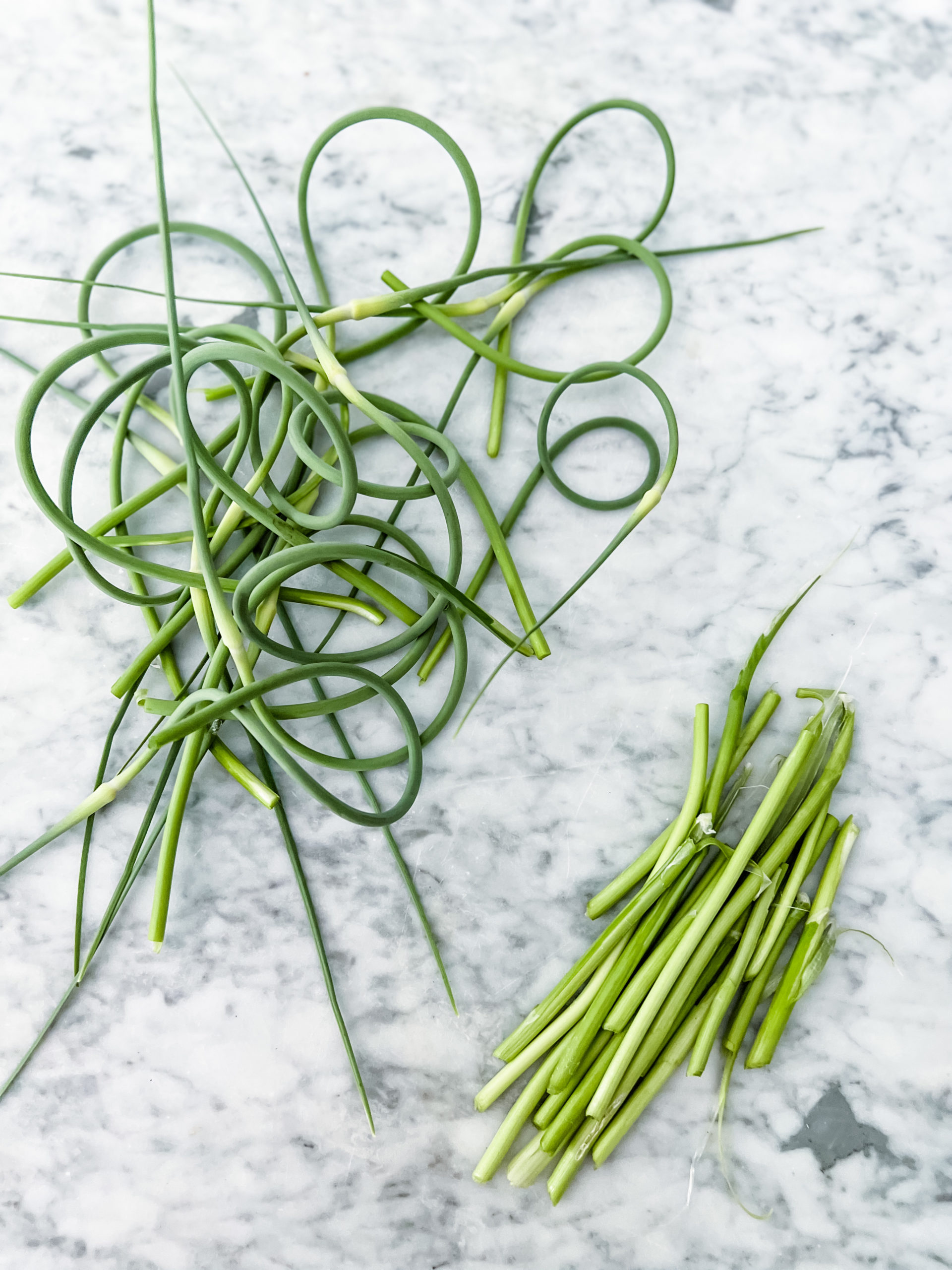 garlic scapes, washed and trimmed of the woody bottoms
