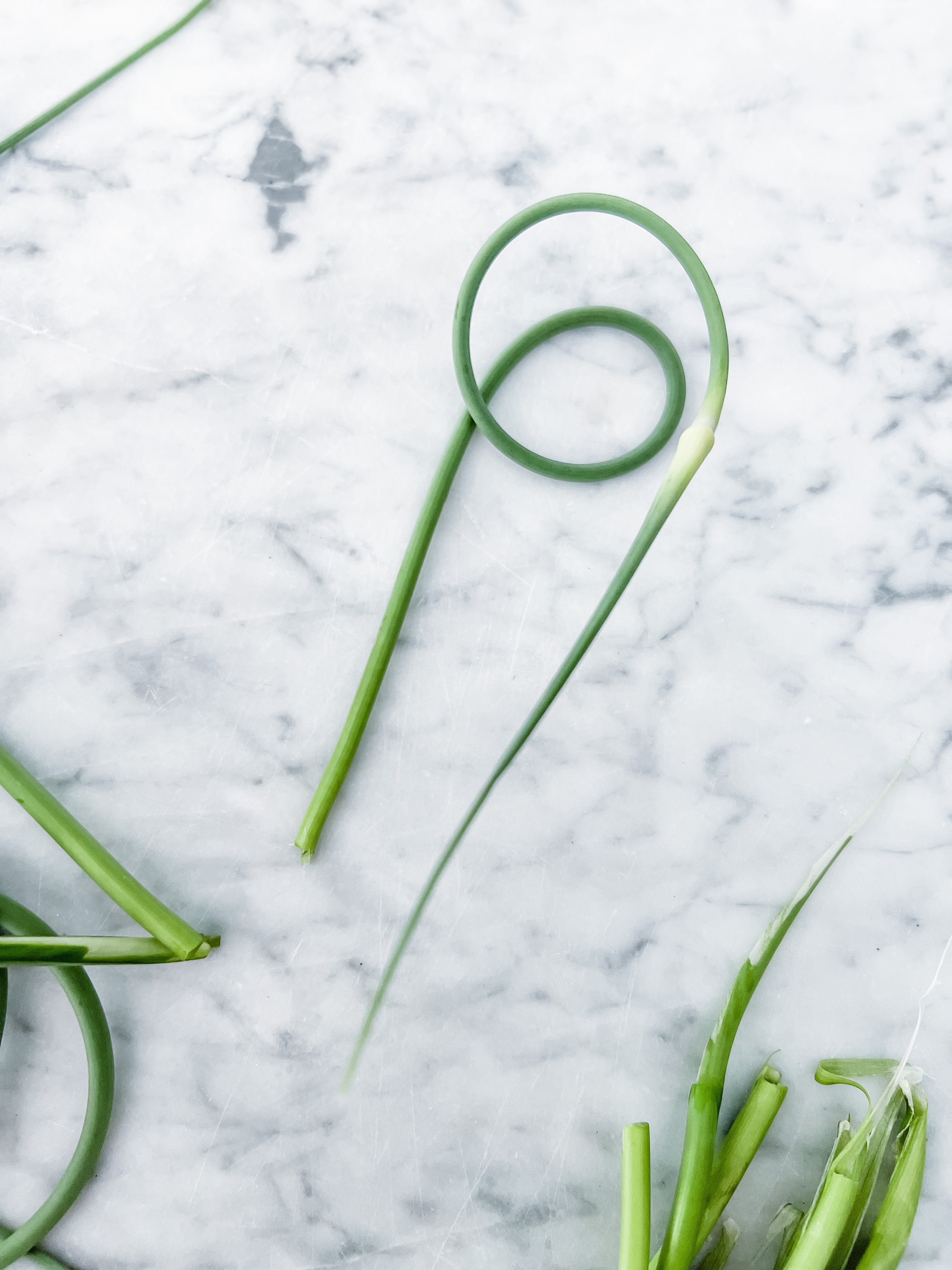 single garlic scape with a double curl on a white marble cutting board